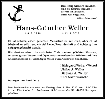Traueranzeige von Weller Hans-Günther von Rheinische Post