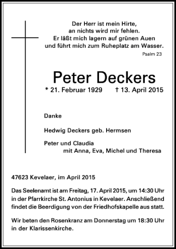 Traueranzeige von Deckers Peter von Rheinische Post