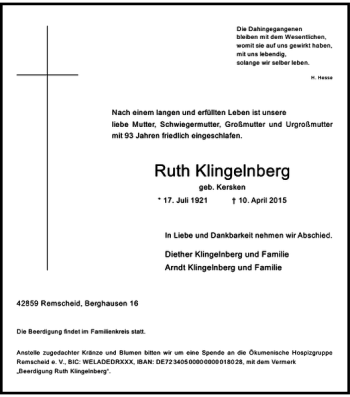 Traueranzeige von Klingelnberg Ruth von Rheinische Post