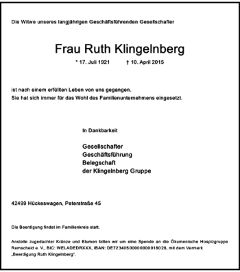 Traueranzeige von Klingelnberg Ruth von Rheinische Post