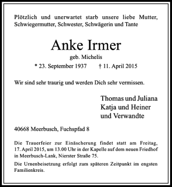 Traueranzeige von Irmer Anke von Rheinische Post