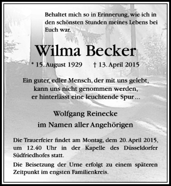 Traueranzeige von Becker Wilma von Rheinische Post