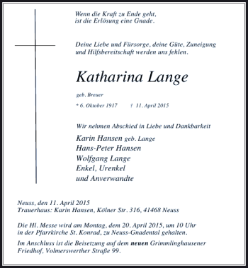 Traueranzeige von Lange Katharina von Rheinische Post