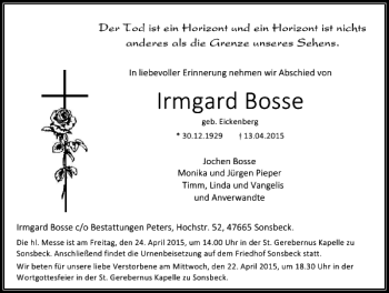 Traueranzeige von Bosse Irmgard von Rheinische Post