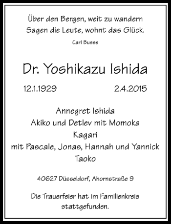 Traueranzeige von Ishida Yoshikazu von Rheinische Post