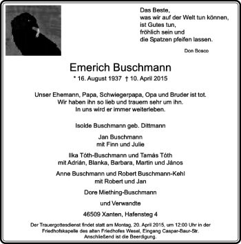 Traueranzeige von Buschmann Emerich von Rheinische Post