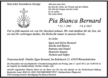 Traueranzeige von Bianca Bernard Pia von Rheinische Post