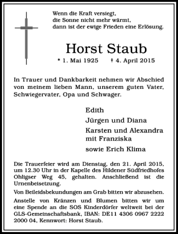 Traueranzeige von Staub Horst von Rheinische Post