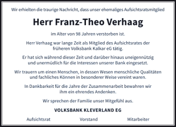 Traueranzeige von Verhaag Franz-Theo von Rheinische Post