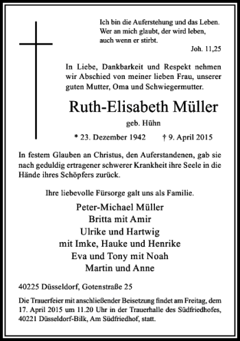 Traueranzeige von Müller Ruth-Elisabeth von Rheinische Post