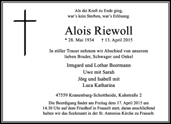 Traueranzeige von Riewoll Alois von Rheinische Post