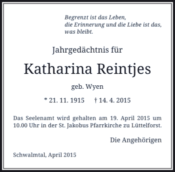 Traueranzeige von Reintjes Katharina von Rheinische Post
