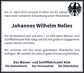 Traueranzeige von Wilhelm Nelles Johannes von Rheinische Post