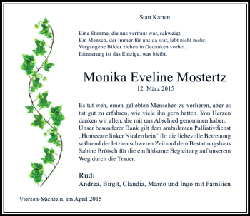 Traueranzeige von Eveline Mostertz Monika von Rheinische Post