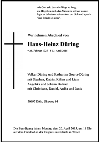 Traueranzeige von Düring Hans-Heinz von Rheinische Post