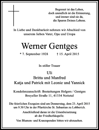 Traueranzeige von Gentges Werner von Rheinische Post