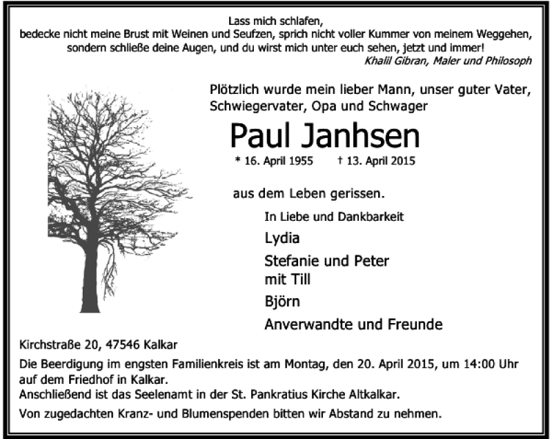  Traueranzeige für Janhsen Paul vom 16.04.2015 aus Rheinische Post