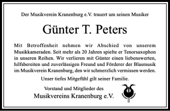 Traueranzeige von T. Peters Günter von Rheinische Post