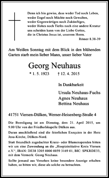 Traueranzeige von Neuhaus Georg von Rheinische Post