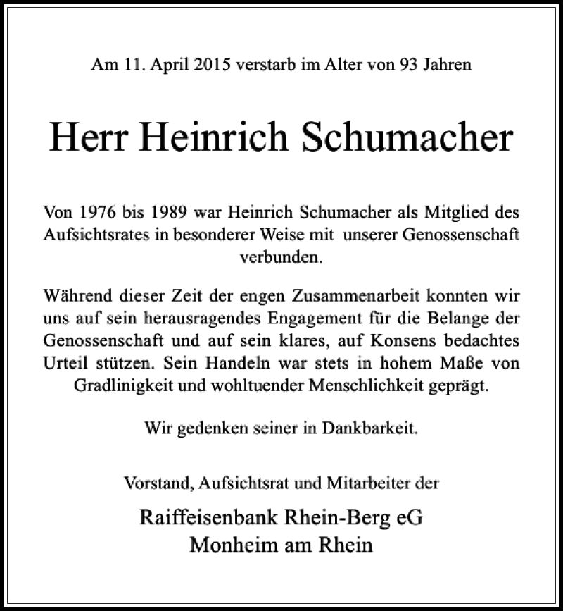  Traueranzeige für Schumacher Heinrich vom 18.04.2015 aus Rheinische Post