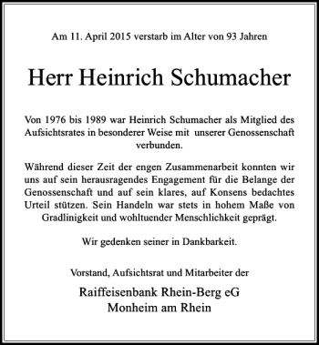 Traueranzeige von Schumacher Heinrich von Rheinische Post