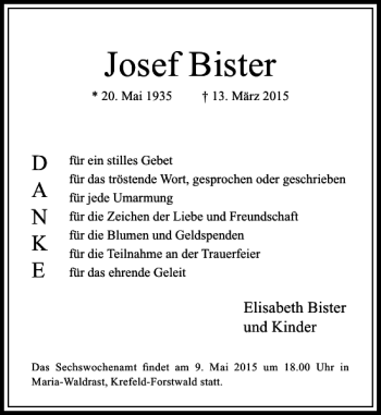 Traueranzeige von Bister Josef von Rheinische Post