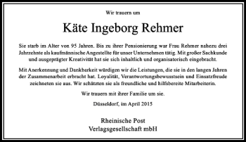 Traueranzeige von Ingeborg Rehmer Käte von Rheinische Post