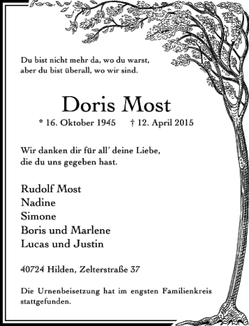 Traueranzeige von Most Doris von Rheinische Post