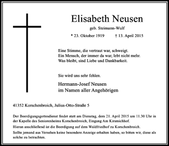 Traueranzeige von Neusen Elisabeth von Rheinische Post