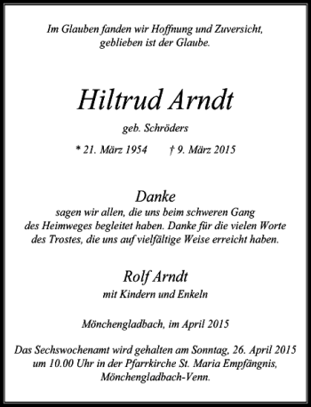 Traueranzeige von Arndt Hildtrud von Rheinische Post