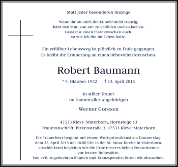 Traueranzeige von Baumann Robert von Rheinische Post