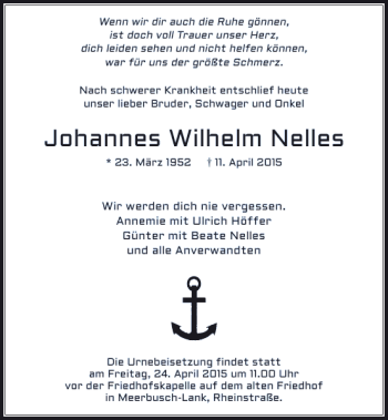 Traueranzeige von Wilhelm Nelles Johannes von Rheinische Post