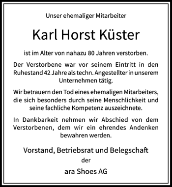 Traueranzeige von Horst Küster Karl von Rheinische Post