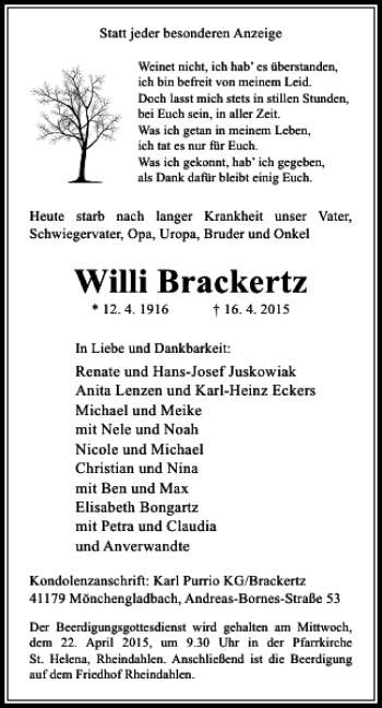 Traueranzeige von Brackertz Willi von Rheinische Post