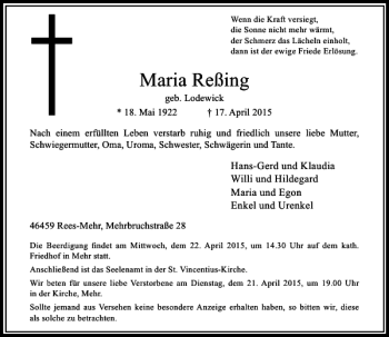 Traueranzeige von Reßing Maria von Rheinische Post