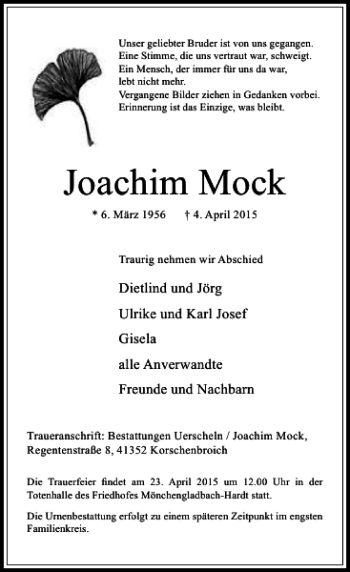 Traueranzeige von Mock Joachim von Rheinische Post