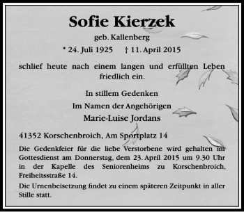 Traueranzeige von Kierzek Sofie von Rheinische Post