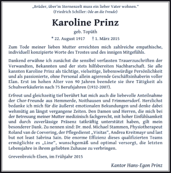 Traueranzeige von Prinz Karoline von Rheinische Post