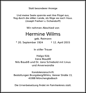 Traueranzeige von Wilms Hermine von Rheinische Post