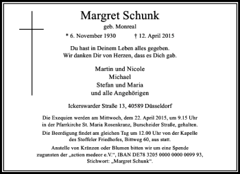 Traueranzeige von Schunk Margret von Rheinische Post