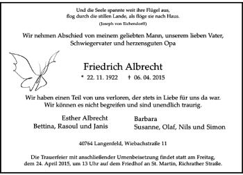 Traueranzeige von Albrecht Friedrich von Rheinische Post