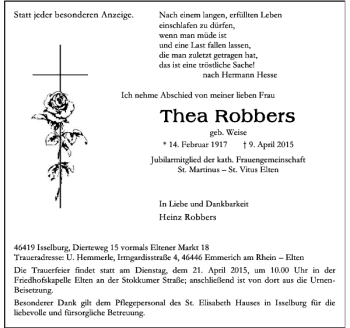 Traueranzeige von Robbers geb. Weise Thea von Rheinische Post