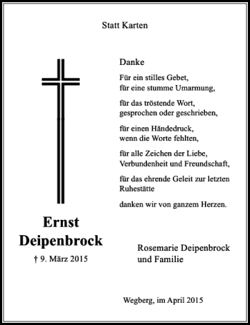 Traueranzeige von Deipenbrock Ernst von Rheinische Post