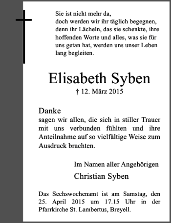 Traueranzeige von Syben Elisabeth von Rheinische Post