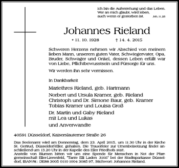 Traueranzeige von Rieland Johannes von Rheinische Post