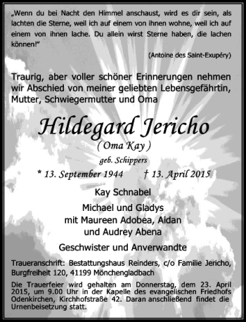 Traueranzeige von Jericho Hildegard von Rheinische Post