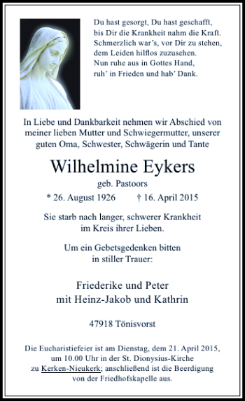 Traueranzeige von Eykers geb. Pastoors Wilhelmine von Rheinische Post