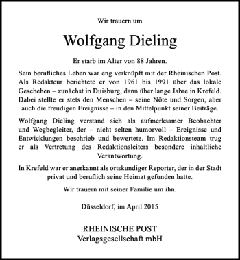 Traueranzeige von Dieling Wolfgang von Rheinische Post