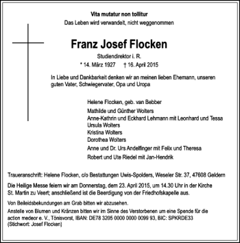 Traueranzeige von Josef Flocken Franz von Rheinische Post