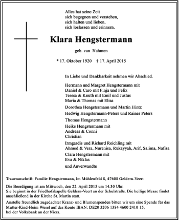 Traueranzeige von Hengstermann Klara von Rheinische Post